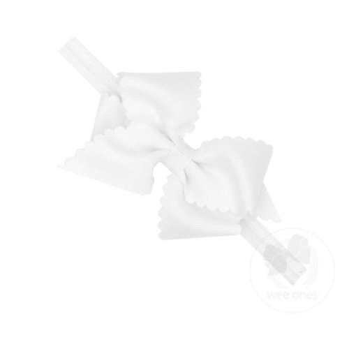 Extra Small Scalloped Edge Grosgrain Hair Bow on Matching Elastic Band - WHITE / NEWBORN (0-6 MONTHS) | Wee Ones Hair Bows & Accessories