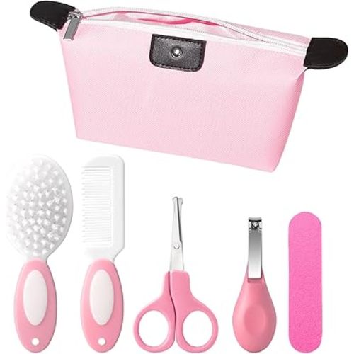 5-Piece Baby Grooming Kit with Multi-Use Storage Pouch - Infant Brush,Rounded Comb,Scissors,Nail Clippers & Emery Board -Essentials for Newborn Care & Travel Pink