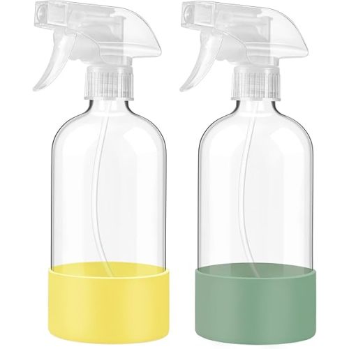 JohnBee Glass Spray Bottles with Silicone Sleeve, 2 Pack16 oz Empty Refillable Containers with Adjustable Nozzles, Spray Bottles for Hair, Cleaning Solutions and Plants, Olive Green&Yellow