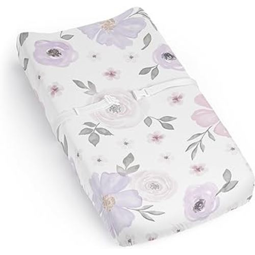 Sweet Jojo Designs Lavender Purple Boho Floral Girl Baby Changing Pad Cover Sheet Infant Newborn Diaper Change Mat Cover Pink Grey Bohemian Farmhouse Shabby Chic Rose Lily Watercolor Flower Elegant