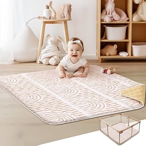 Soft Cushioning Baby Play Mat, Washable 50x50 in Playpen Mat, Foldable Portable One-Piece Baby Floor Mat, Non-Slip Crawling Mat, Thick Tummy Time Mat for Babies Toddlers Infants, Boho Rainbow Design