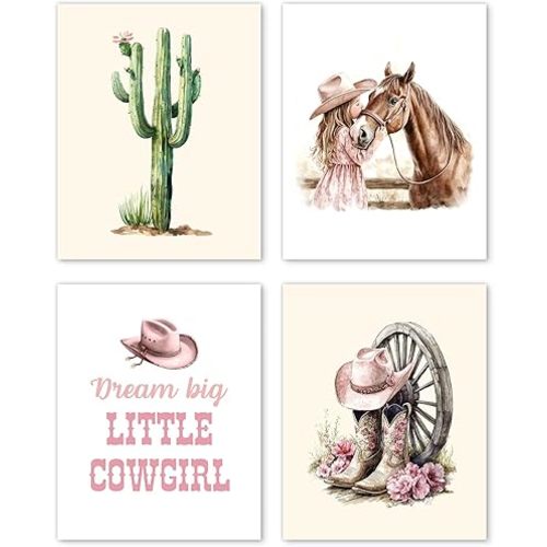 Hxlac Western Cowgirl Wall Art Prints Set of 4 UNFRAMED - Pink Boot Cactus Wall Decor, Cowgirl & Western Room Decor, 8x10 Inches