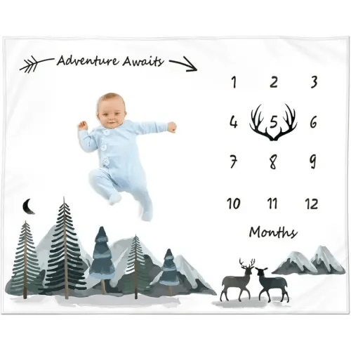 Milestone Blanket for Baby Boy – Monthly Baby Blanket, Growth Tracker for Newborn, Woodland Nursery Decor, Mountain Adventure Theme, Includes Felt Frame, 50x40 Inches