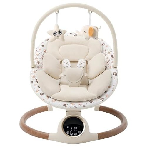 Baby Swing for Infants with 5 Point Harness, 5 Speeds Infant Swing with Soft Cushion, 10 Songs and Bluetooth Music for Newborn, Remote Control & Touch Panel Use, Beige