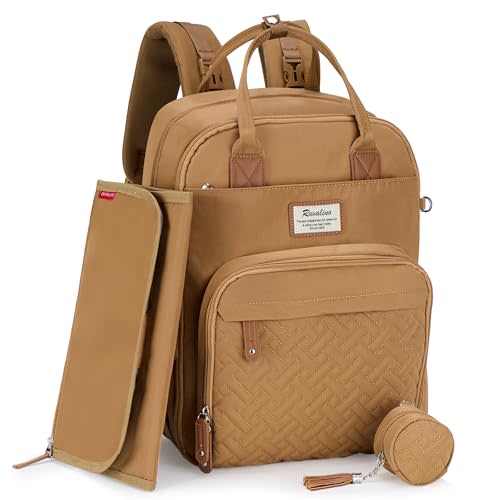 RUVALINO Diaper Bag Backpack, Multifunction Travel Pack Maternity Baby Changing Bags, Large Capacity, Waterproof, Brown