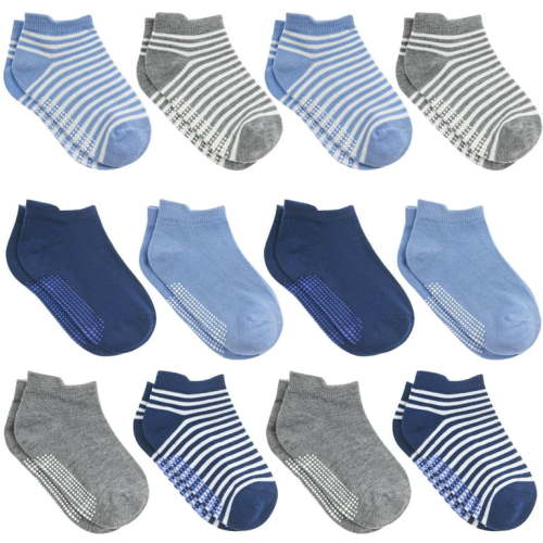 Debra Weitzner Non Slip Ankle Socks With Grips for Toddlers 6 to 12 Months Old, Boys Solid & Striped 12 Pairs