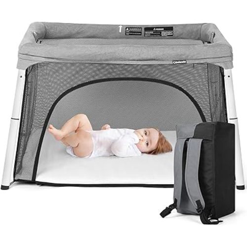 Cowiewie Travel Crib and Playard, Folding Portable Playpen for Baby and Toddlers 1-3, Breathable and Washable Baby Playpen with Waterproof Mattress, Compact Travel Crib Backpack - Light Gray