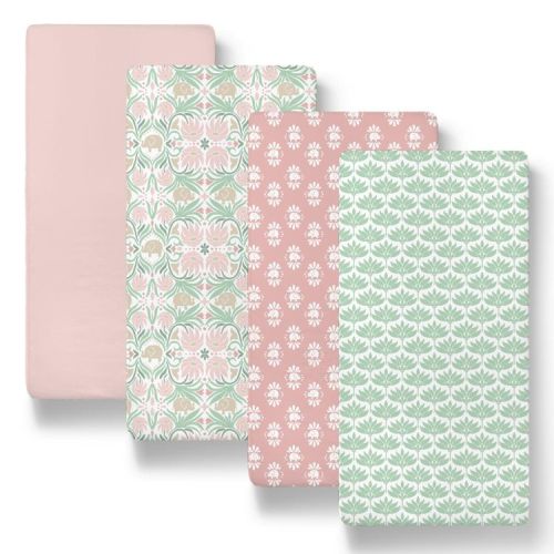 The Peanutshell Botanical Elephant Bassinet Sheets for Newborn Baby Girl, 4 Pack Set