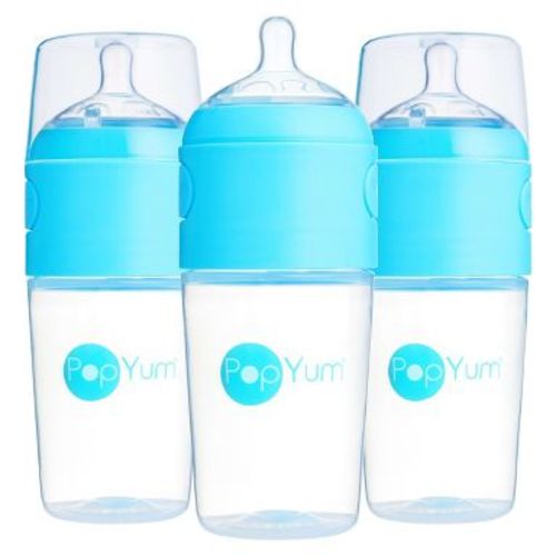 PopYum 9oz Anti-Colic Baby Bottle for for Breast and Formula Feeding, 3-Pack, Blue, #2 Medium Flow Nipples