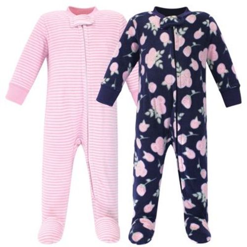 Hudson Baby Infant Girls Fleece Zipper Sleep and Play 2pk, Navy Rose, 3-6 Months