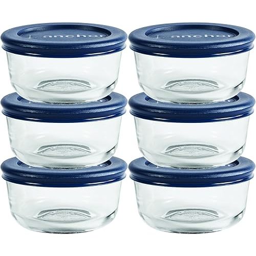 Anchor Hocking 1 Cup Glass Storage Containers with Lids, Set of 6 Glass Food Storage Containers with Navy Blue SnugFit Lids