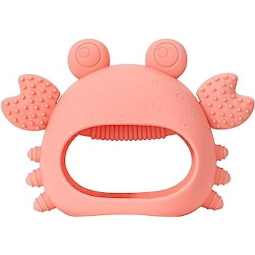 Never Drop Teething Toys for Babies, Baby Mitten Silicone Teether for Soothing Teething Pain Relief, Baby Chew Toys for Sucking Needs (Crab Pink)