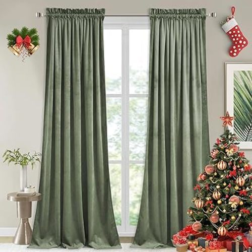 StangH Sage Green Velvet Curtains - Rod Pocket Room Darkening Curtain Panels Heritage Plush Heat Insulation Drapes for Nursery/Bedroom/Living Room, W52 x L84, 2 Panels