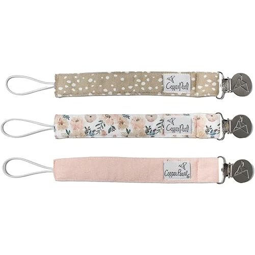 Copper Pearl Pacifier Clip 3-Pack: Premium Knit Binky Clips for Baby Girls and Boys - Stylish Stainless Steel Pacifier Holder Clip - Baby Pacifier Clips for No More Floor Drops - Autumn
