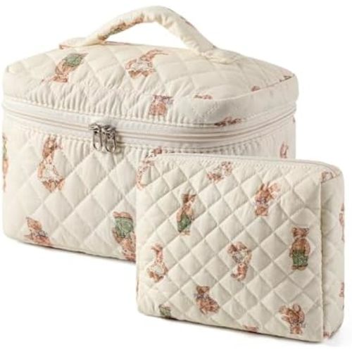 uekeboag 2 pcs Large Floral Quilted Makeup Bag Set for Women, Cotton Quilted Big Cosmetic Bag, Coquette Aesthetic Cute Travel Toiletry Bag