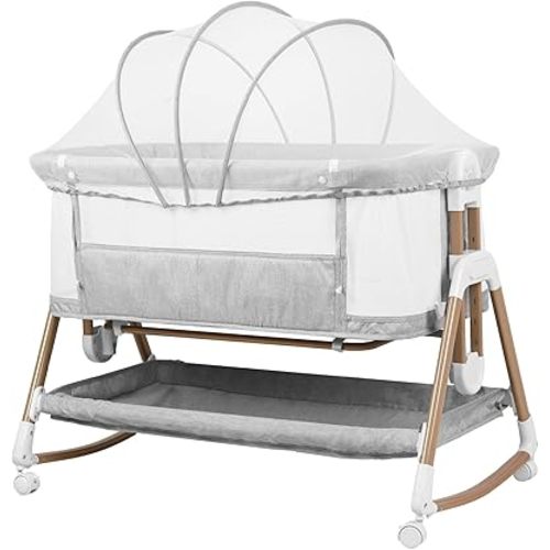 3in1 Baby Bassinet & Rocker | Adjustable Bedside Crib with Soft Mattress, Wheels & Easy Fold | Portable SLE eper for Newborn & Infant Grey