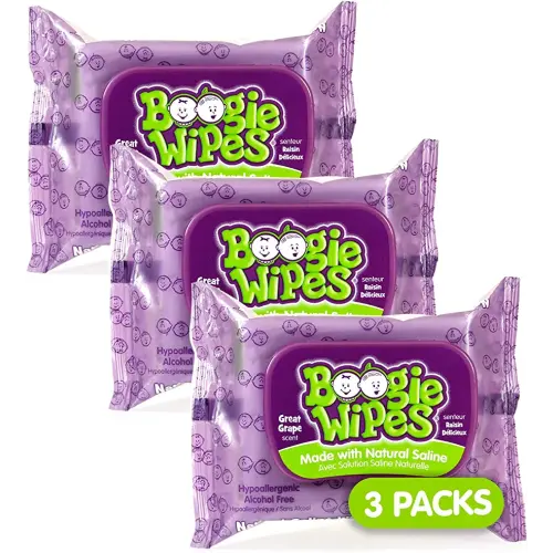 Boogie Baby Wet Wipes for Face, Hand, Body & Nose, Made with Vitamin E, Aloe, Chamomile & Natural Saline, Grape Scent, Purple, 30 Count, Pack of 3