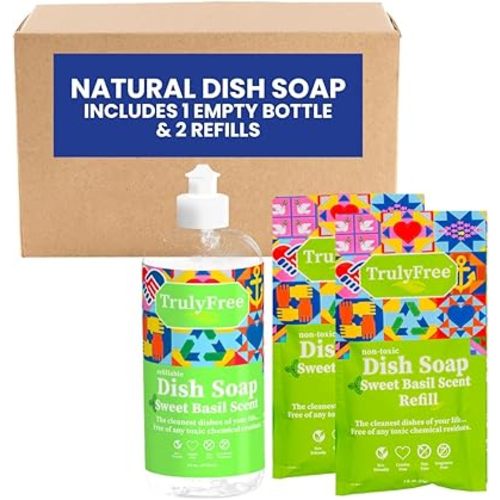 Truly Free Natural Dishwashing Liquid | Plant-Based Dish Soap | Sweet Basil Fresh Scent | 2 Refill Packs with 1 Empty Refillable Squeeze Bottle (16 Oz)