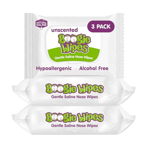 Boogie Wipes Saline Nose Wipes - 90 Count - Unscented, Hypoallergenic & Alcohol-Free - Allergy Relief - Made with Natural Saline, Aloe, Chamomile & Vitamin E - Diaper Bag Essential