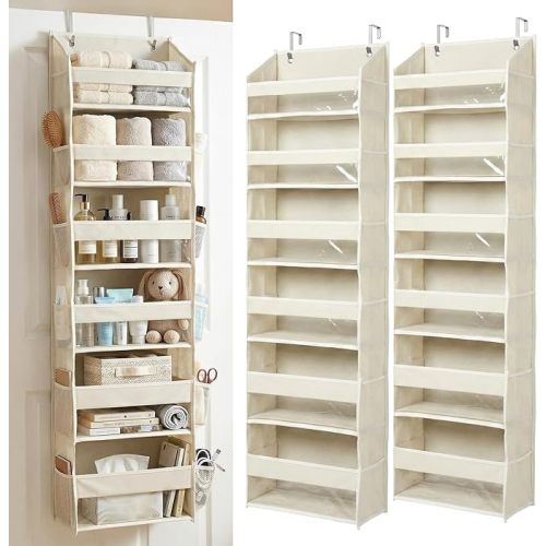 UPGRADED 6 Tiers Over The Door Organizer Hanging - 100D EXTRA THICK & 50lbs HUGE CAPACITY, 12 Side Mesh Pockets Over The Door Shoe Organizer, Hanging Closet Organizer (Ivory, 1pc)