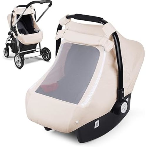 Muslin Car Seat Cover for Babies, Elstey Infant Carseat Canopy with Breathable Peep Window, Kick-Proof Baby Car Seat Covers for Boys Girls, Lightweight Newborn Carrier Cover Fit Summer