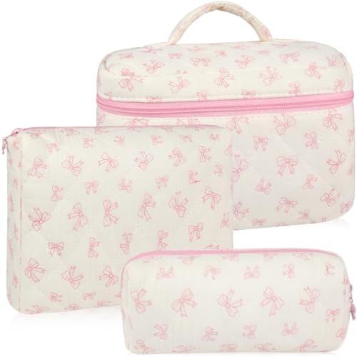 URSKYTOUS 3Pcs Makeup Bag Quilted Cotton Cosmetic Bags for Women Large Small Pink Bow Makeup Pouch Set Cute Coquette Floral Travel Bags Portable Skincare Toiletry Bag Vintage Puffy Essential Organizer