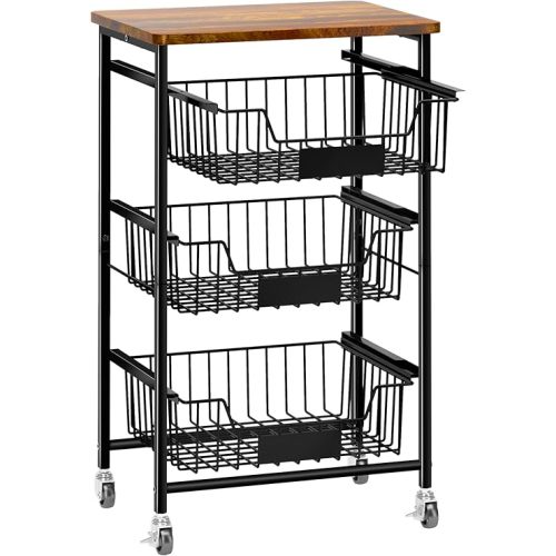 4-Tier Small Kitchen Storage Cart on Wheels, Metal Fruit Basket Stand with Pull-Out Baskets & Wood Top for Potato Onion Produce Snack Veggies