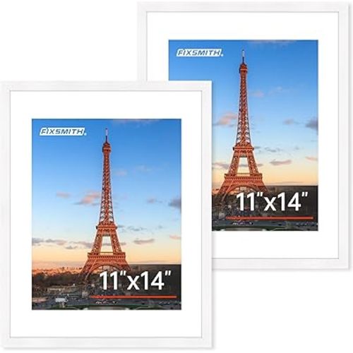 FIXSMITH 11x14 Picture Frame Set of 2, Photo Frame with HD Plexiglass, Display Pictures 8x10 with Mat or 11x14 Without Mat, White Picture Frames Collage Wall Decor, Gallery Wall Frame