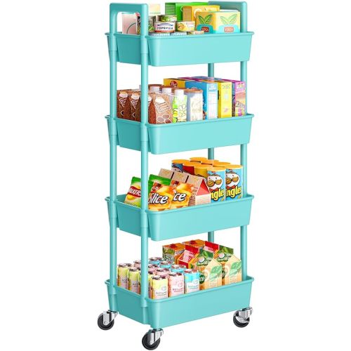 Pipishell 4-Tier Rolling Organizer, Plastic Cart with Lockable Wheels & Reinforced Handle, Lightweight Utility Storage for Nursery, Kitchen, Bathroom, Craft Room, PIUC15TB