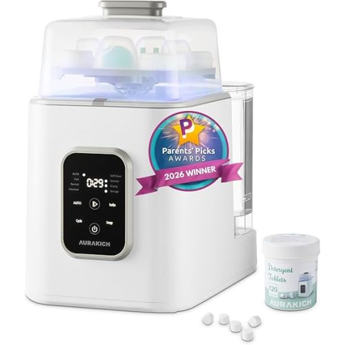 Baby Bottle Washer, Sterilizer & Dryer - All-in-One Pro Cleaning Machine with Fishbone Spray Arm, Self-Cleaning & AUTO Mode, Dual Water Inlet for Bottles, Breast Pump & Baby Essentials