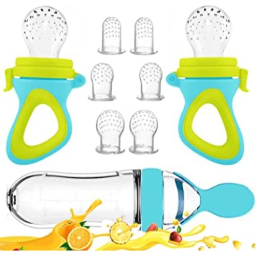 Baby Food Feeder, Fresh Food - 2 Pack Fruit Feeder Pacifier, 6 Different Sized Silicone Pacifiers | 1 Pack Baby Food Dispensing Spoon | Baby Feeding Set (Blue)