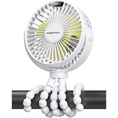 SWEETFULL Portable Stroller Fan, with Display 4000mAh Battery Powered Mini Clip On Fan, 4-Speed Rechargeable Small Personal Fan Handheld Desk Cooling Fan for Baby Car Seat Crib Travel White