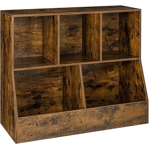 DINZI LVJ Toy Storage Organizer, Kids Bookshelf, Wood Toy Storage Cabinet, 5 Cubby Children Bookcase, Toddler Book Toy Shelf for Playroom, Bedroom, Nursery, Hallway, School, 35.4" Long, Rustic Brown