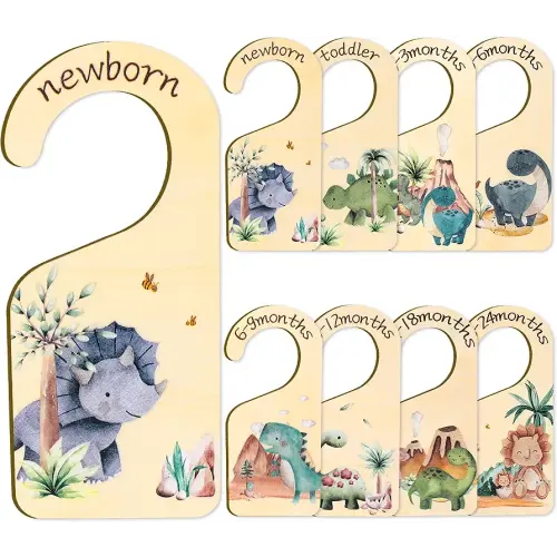 Whaline 8Pcs Baby Closet Size Dividers Dinosaur Theme Design Hanging Wooden Baby Closet Organizer Newborn to 24 Months Thicken Baby Wardrobe Organizer for Home Nursery Baby Clothes Decor