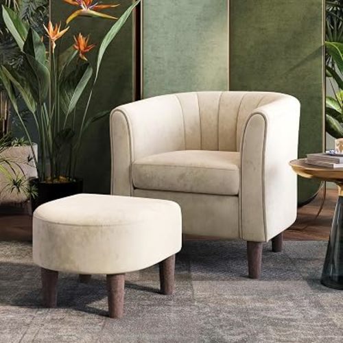 LINSY Accent Chair with Ottoman, Modern Barrel Chair Small Armchair Reading Chair with Footrest, Comfy Round Arms Chair for Living Room Bedroom Reading Room, Velvet, Cream
