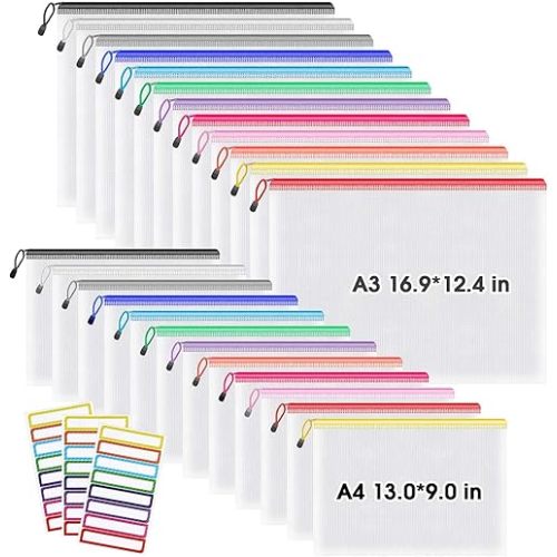 Umriox Mesh Zipper Pouch Bags, A3+A4 (12 Colors, 24 Packs), Zipper Pouches for Organizing, Zipper Bags for Office Supplies Travel Accessories and Board Games Storage