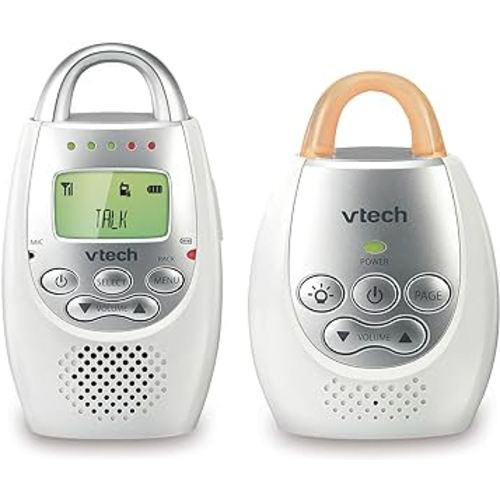 VTech DM221 Audio Baby Monitor with up to 1,000 ft of Range, Vibrating Sound-Alert, Talk Back Intercom & Night Light Loop, White/Silver