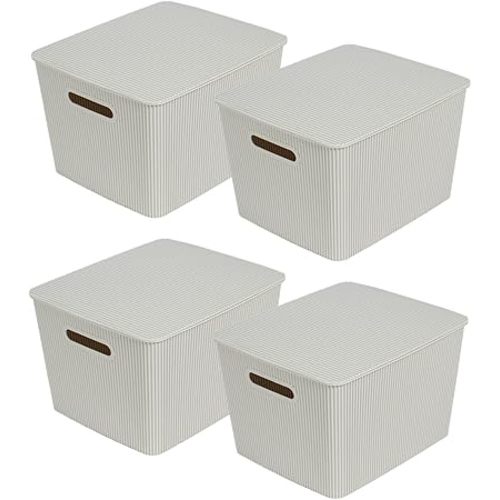 Glad Storage Baskets with Lids - Set of 4 Stackable Plastic Boxes with Handles - Decorative Shelf Organizer Bins for Bathroom and Closet, Grey, 4.7 Gallon