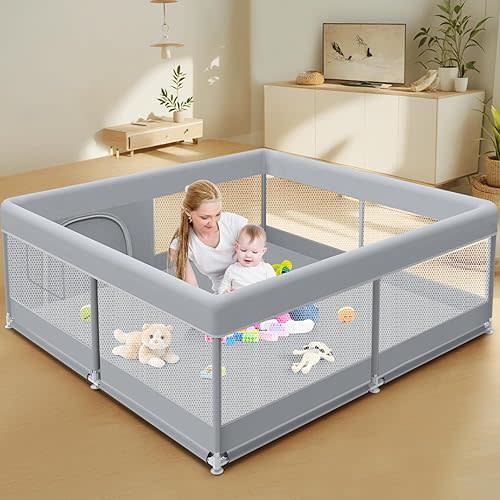 Baby Playpen 50 x 50 Inch Play Pen Playards, Playpen for Babies and Toddlers, Baby Playard for Indoor & Outdoor Active Center Game Fence, with Skin-Friendly Fabric and Soft Breathable Mesh Grey