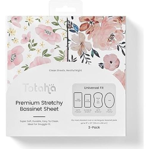 TotAha Premium Stretchy Bassinet Sheets for Baby Girl, Silky Comfort Cradle Sheets Fitted 18 x 36 for Oval, Rectangular, Hourglass Mattress, Hypoallergenic, Buttery Soft 2-Pack (Floral & Pale Pink)