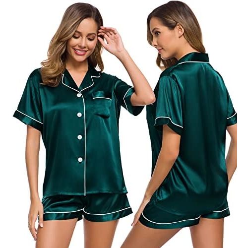SWOMOG Womens Silk Satin Pajamas Set Short Sleeve Button Down Sleepwear Loungewear 2 Pcs Pj Sets