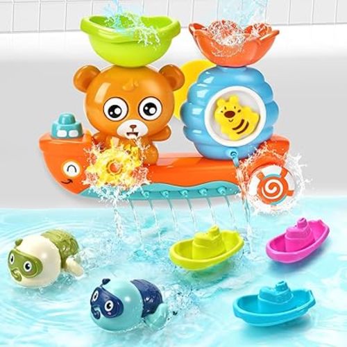 Baby Bath Toys Toddlers 1-3 Bear Kids Bath Tub Toys with 2 Turtle Swimming Wind up Water Toys & 3 Floating Boat Bathtub Toys for Infants Boys Girls 18+ Months Gifts Box Set