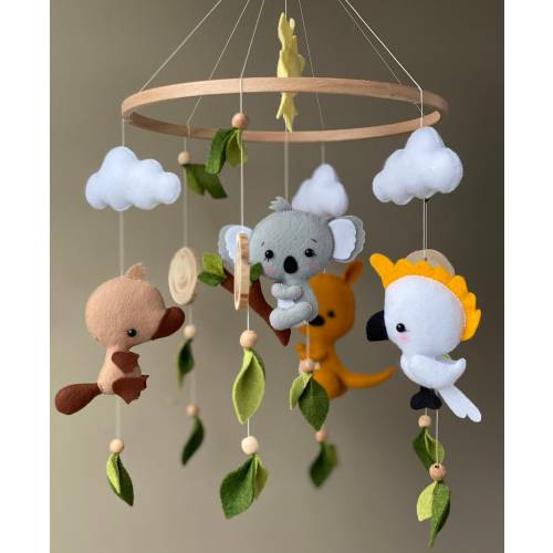 Baby mobile Australian animals koala kangaroo platypus and cockatoo. Koala nursery decor natural green leaves