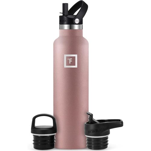 IRON °FLASK Camping & Hiking Hydration Canteens - 3 Lids (Narrow Straw Lid) Leak Proof Vacuum Insulated Stainless Steel - Hot & Cold Double Walled Sports Water Bottle - Rose Gold, 24 Oz