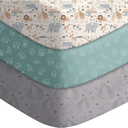 Baby Crib Sheets for Boys Girls, Fitted Crib Sheet Neutral 3 Pack for Standard Crib and Toddler Mattress, Breathable Soft Microfiber Baby Sheet 28x52x8in Elephant