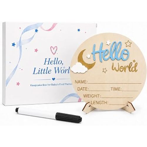 Hello World Baby Boy Announcement Sign Moon & Stars Plaque Keepsake Box Set