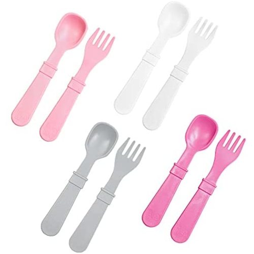 RE-PLAY Made in USA 8pk Toddler Feeding Spoon and Fork Set| Made from BPA Free Recycled Milk Jugs - Virtually Indestructible | Blush, White, Grey & Bright Pink | Dishwasher Safe |Modern Pink