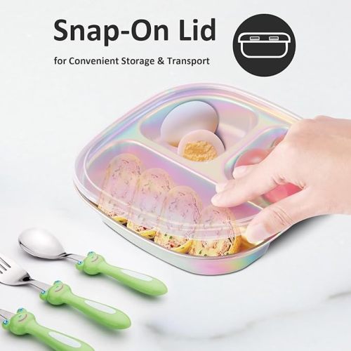 Stainless Steel Kids Plates 4 Packs, Portion Control Divided Plate with Lids, Non Toxic Unbreakable Toddlers Baby Dinner Dishes, Square Camping Metal Food Tray, Colorful