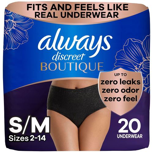 Always Discreet Boutique Incontinence and Postpartum Underwear for Women, Maximum Protection, S/M, Black, 20 Count (Packaging May Vary)
