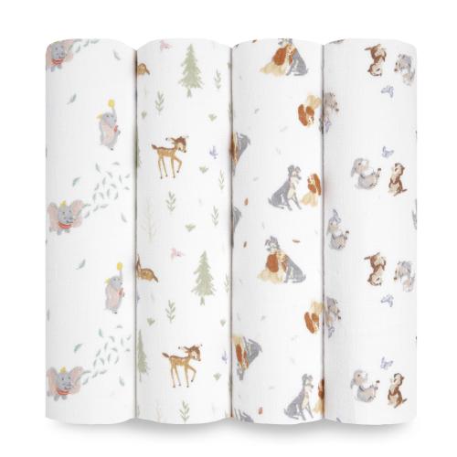 aden + anais™ x Disney Baby, Cotton Muslin Swaddle Blanket, Disney + Friends, Unisex, Infants, 4-Pk
